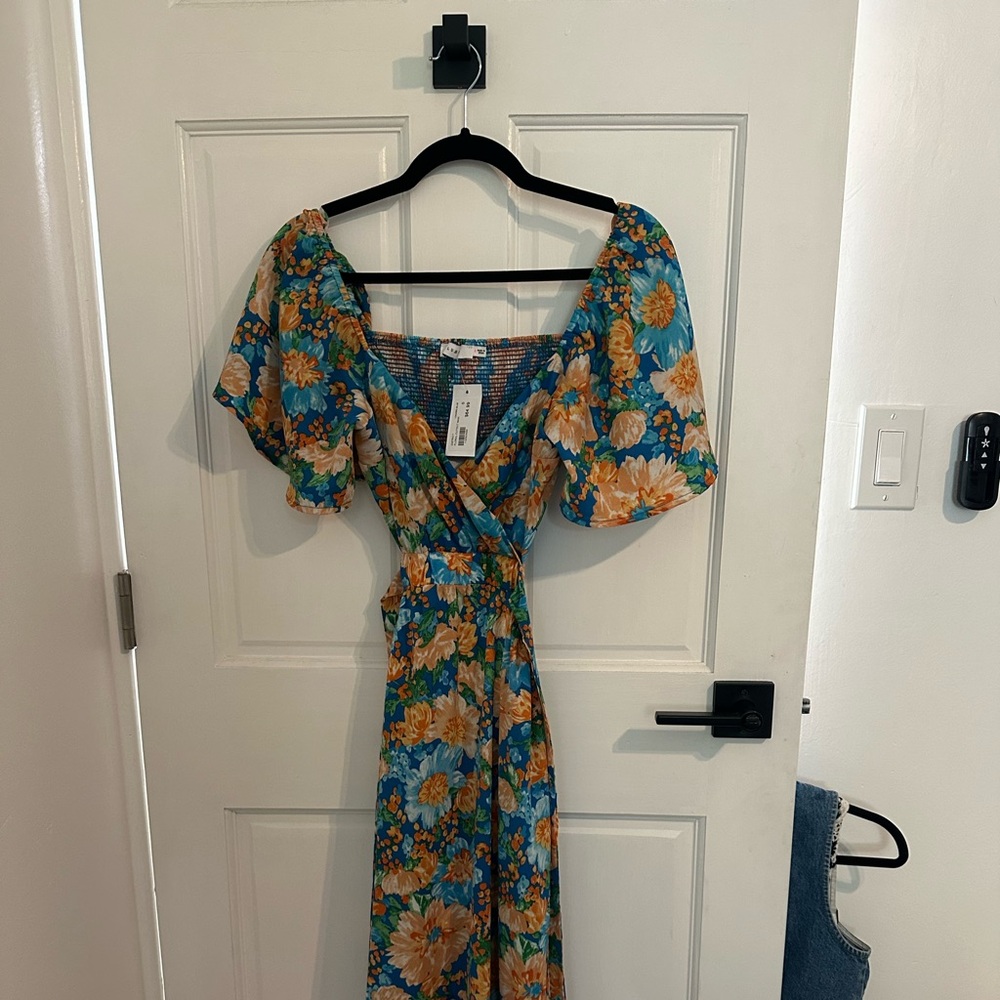 Floral Wedding Guest Dress - Blue, Orange, Fun Sleeves